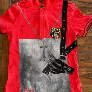 John Galliano Cross Necklace, Pistol Shirt Printed Polo Large (more like medium)